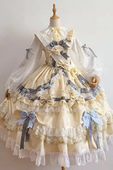 Gold Langarm Mehrschichtiger Rüschen Schleife Spitze Süßes Prinzessin Lolita Kleid